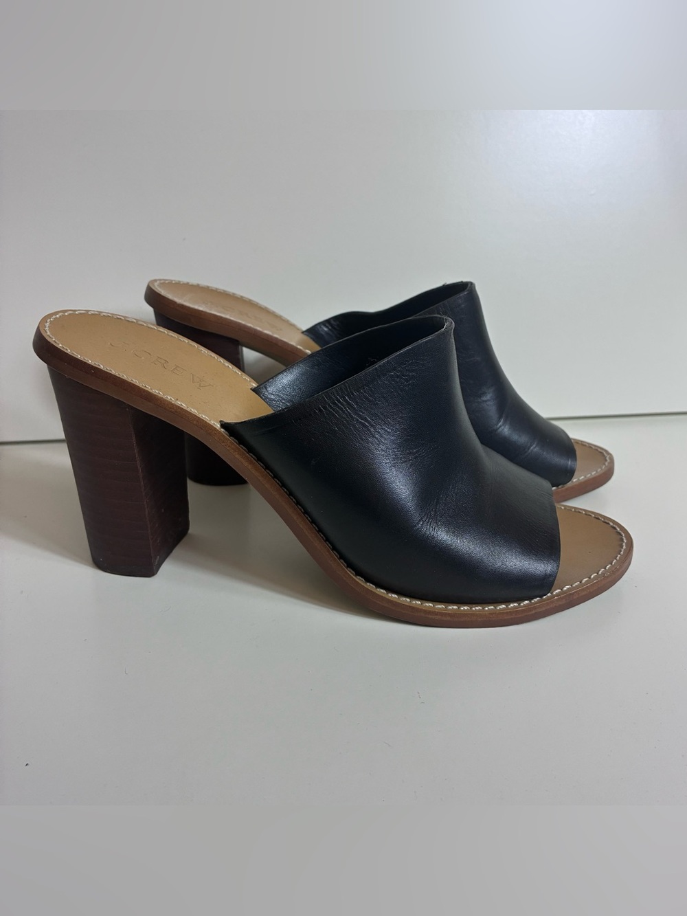 J.Crew Womens 8.5 Mule Heels Block Heel Slip On Leather Sandals Black‎